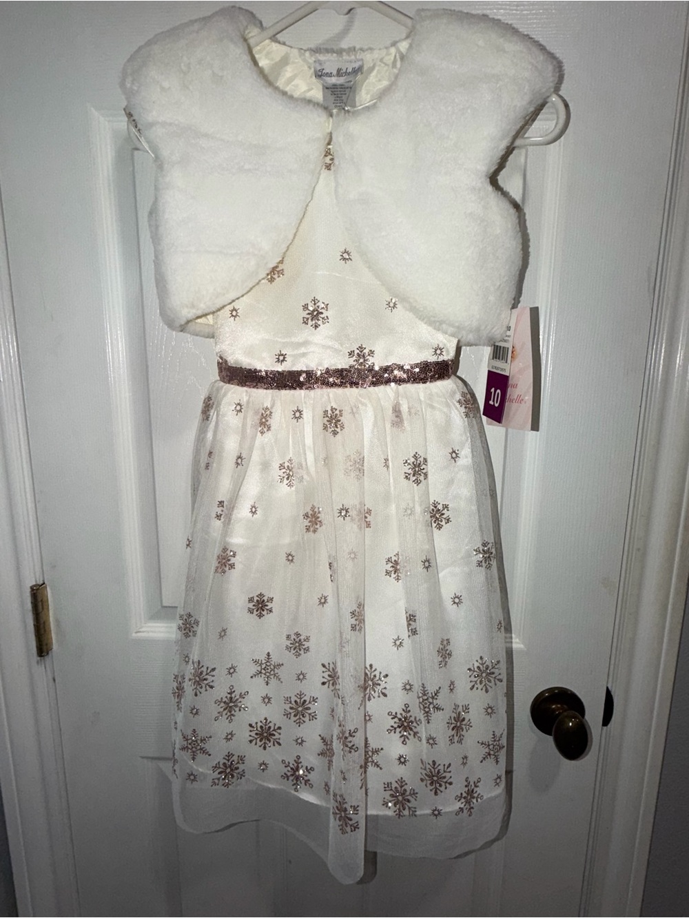 Jona Michelle Girls Size 10 Holiday Snowflake Dress Faux Fur Shrug NWT